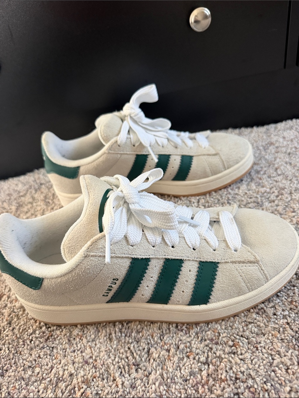adidas Men’s White Suede Sneakers with Green Stripes